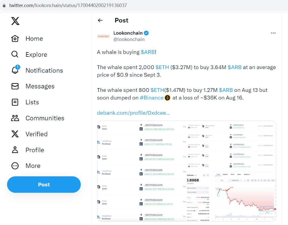 某巨鲸9月3日以来花费2000枚ETH买入364万枚ARB