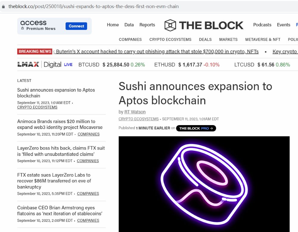 Sushi宣布扩展至Aptos区块链
