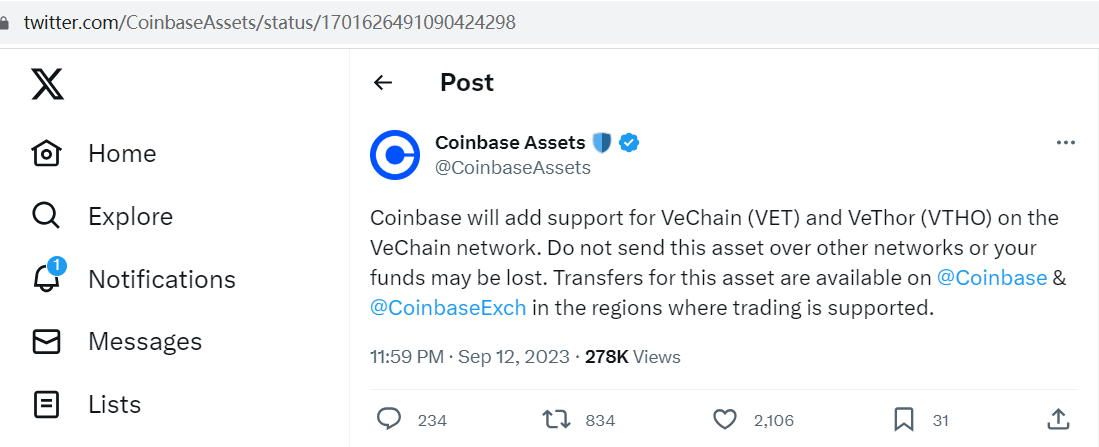 Coinbase将上线VeChain（VET）和VeThor（VTHO）