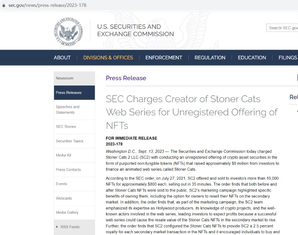 美国SEC指控Stoner Cats系列NFT的创建者未经注册提供NFT