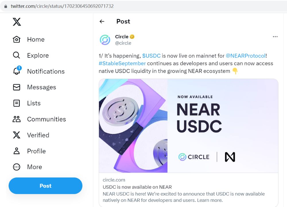 Circle 宣布其美元稳定币 USDC 已正式在 NEAR Protocol 主网上线