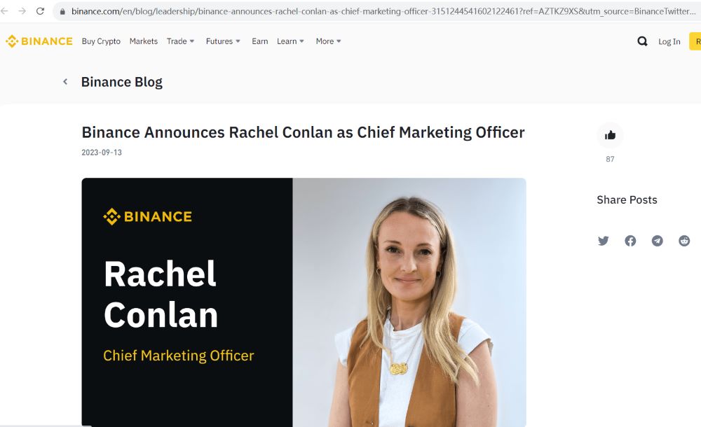 币安全球营销副总裁Rachel Conlan将担任首席营销官