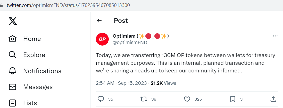 Optimism：正在钱包之间转移1.3亿枚OP代币