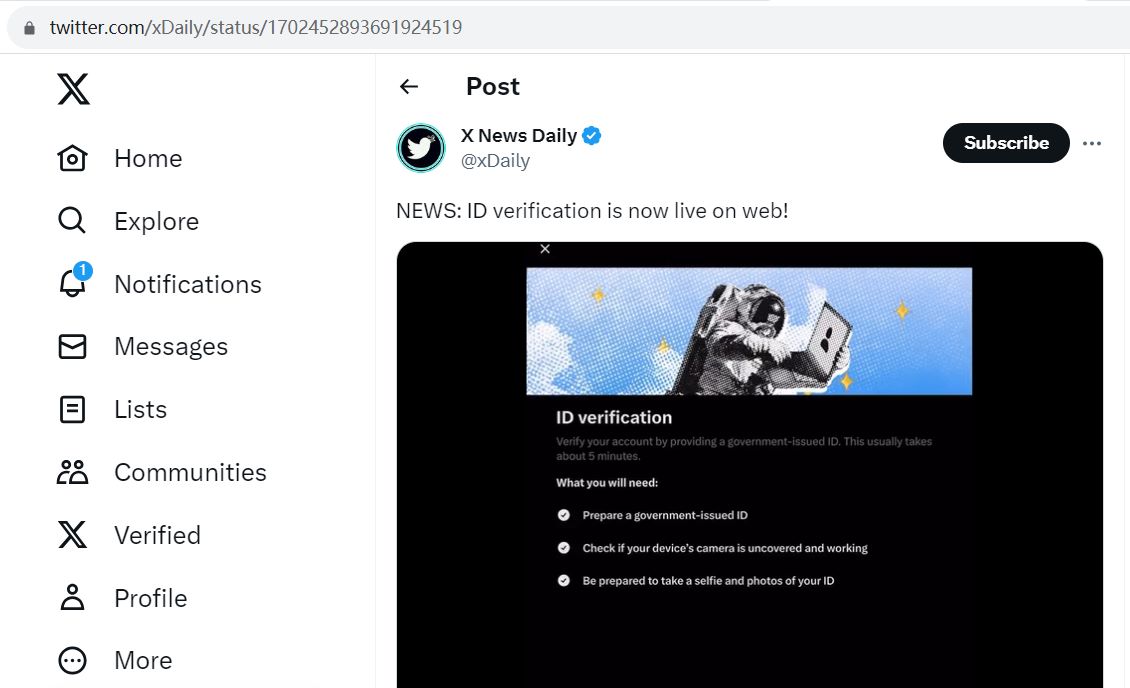 X（原 Twitter）在网页版上推出了新的身份验证功能 ID verification