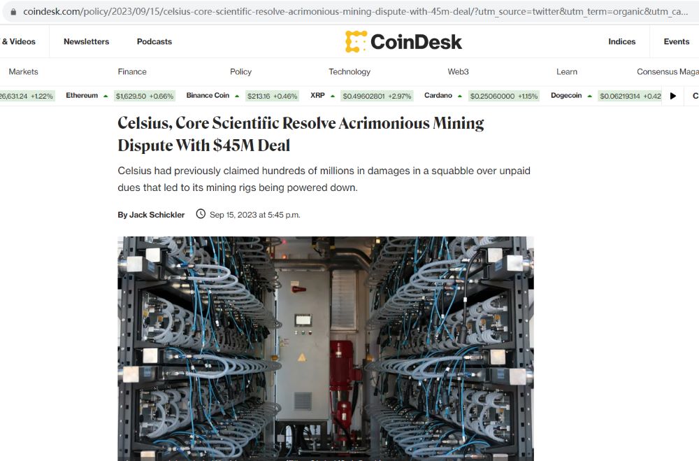 Celsius和Core Scientific已达成一项价值4500万美元的临时协议