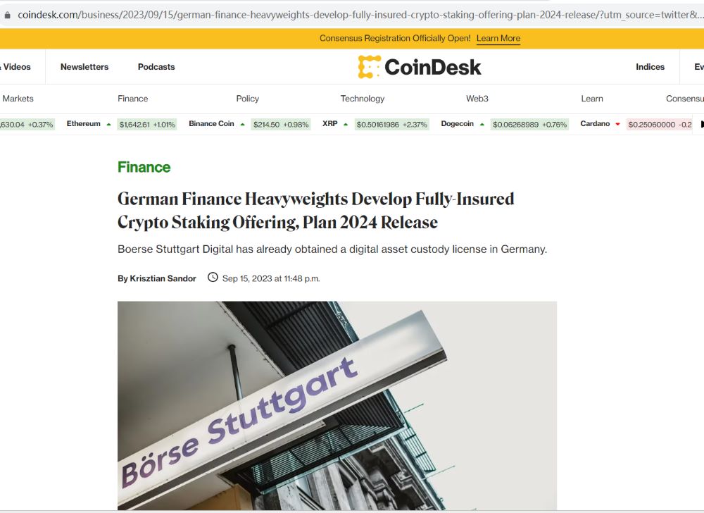 德国金融巨头Boerse Stuttgart Digital计划明年推出完全保险的加密质押服务