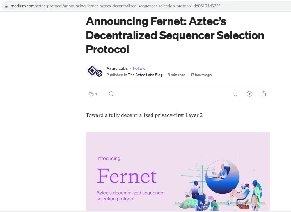 Aztec Labs将采用定序器方案Fernet，允许任何人参与构建区块和运营网络