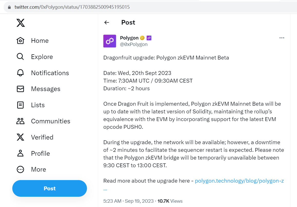 Polygon将于9月20日升级Polygon zkEVM主网Beta版
