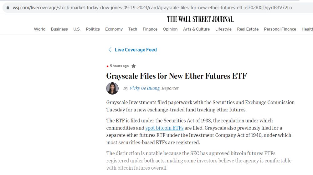 华尔街日报：灰度申请新的以太坊期货ETF