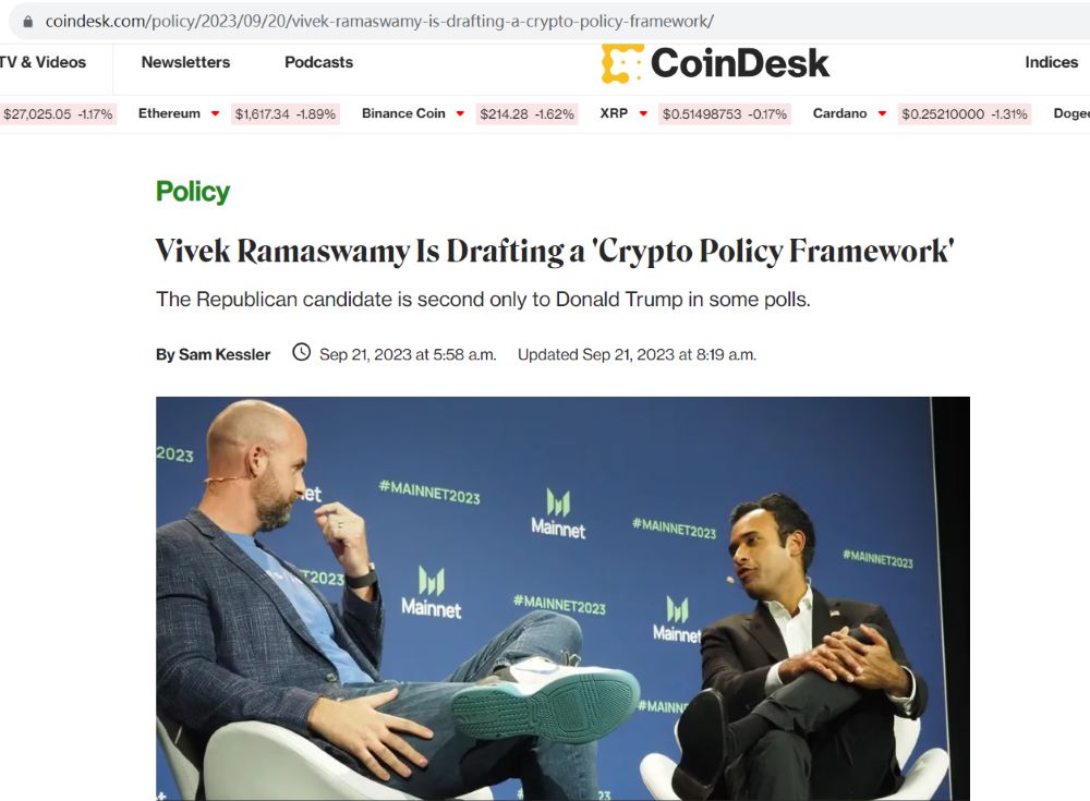 美总统候选人Vivek Ramaswamy正在起草“加密货币政策框架”