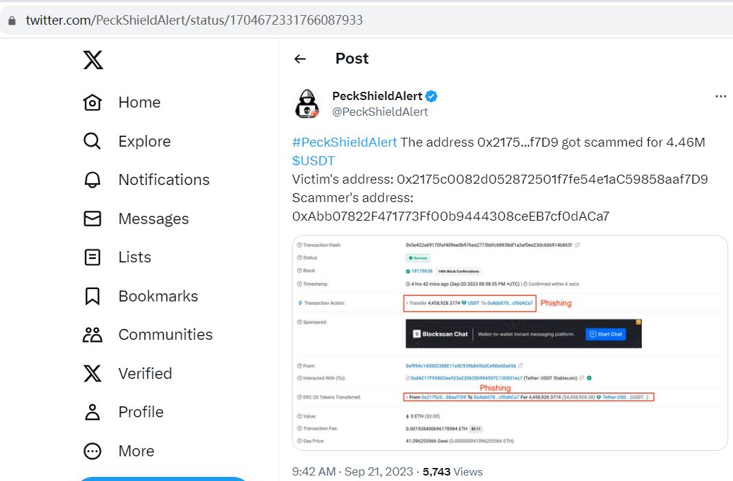 PeckShield：地址0x2175...f7D9被骗446万USDT