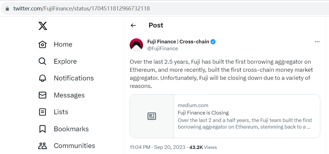 借贷聚合器Fuji Finance宣布停止运营