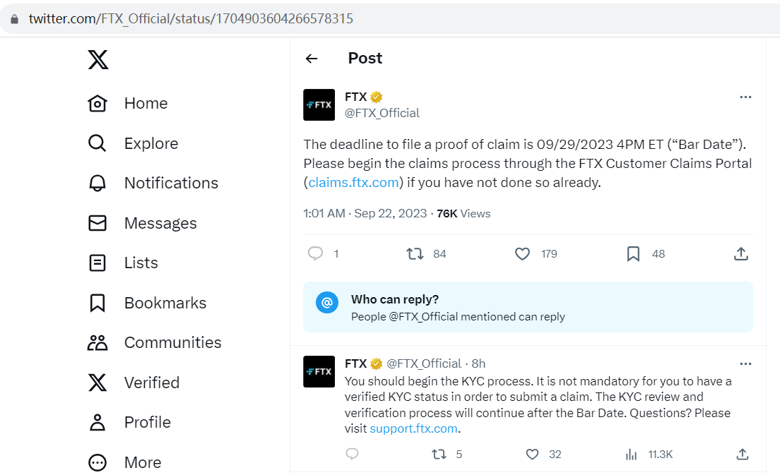 FTX提醒：9月29日为客户提交索赔申请的最后期限