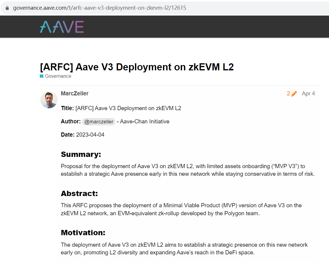 Aave社区新提案建议在zkEVM L2上部署Aave V3