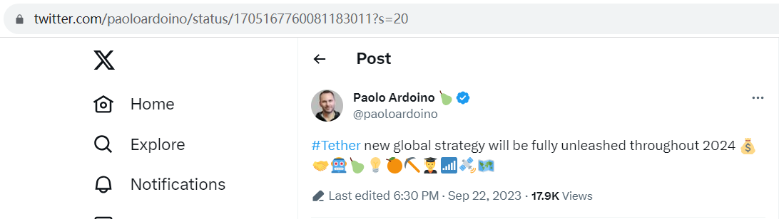 Tether CTO：将于2024年全面实施Tether新全球战略