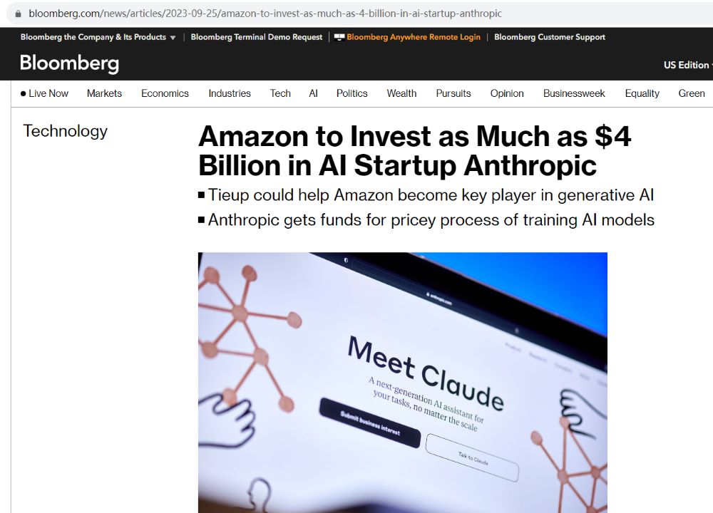 亚马逊将向人工智能公司Anthropic投资40亿美元