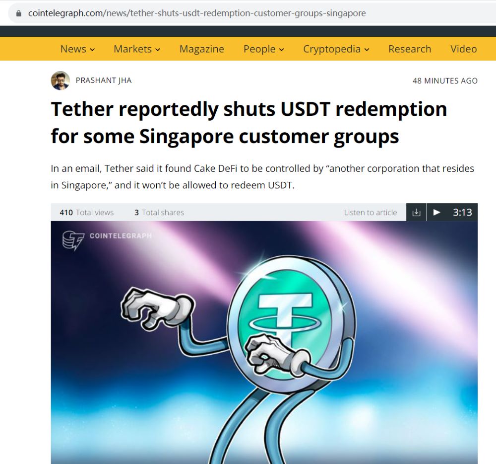 外媒：Tether关闭部分新加坡客户群的USDT兑换业务