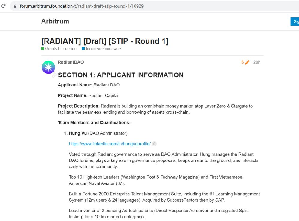 Radiant向Arbitrum短期激励计划申请至多336万枚ARB的赠款资助