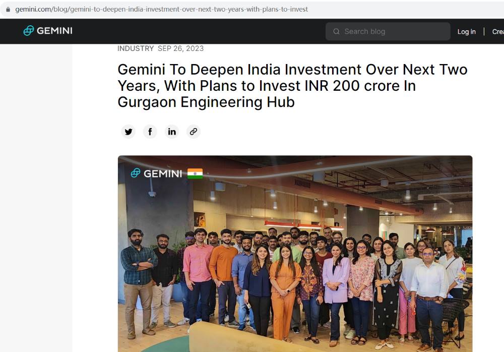 Gemini：未来两年计划将印度员工从70人增至150人以上