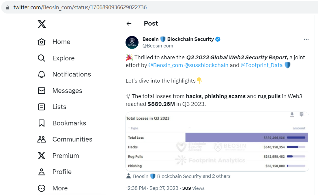 Beosin：今年Q3 Web3领域因安全事件共损失约8.9亿美元