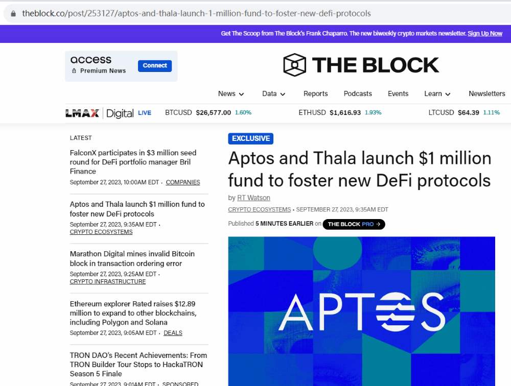 Aptos和Thala推出100万美元DeFi协议开发基金