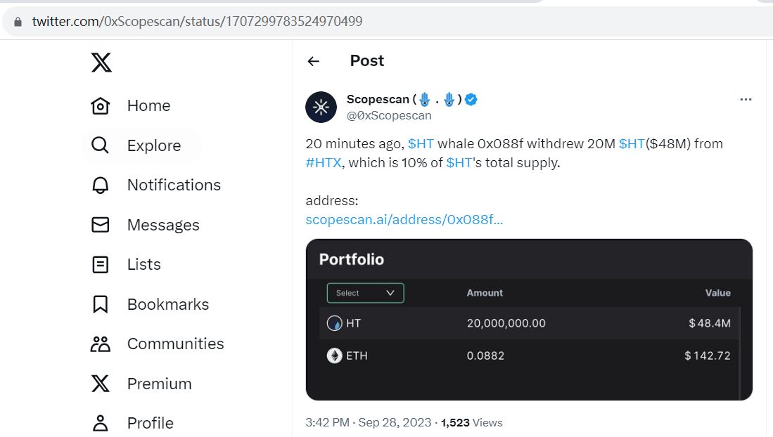 Scopescan：一地址从HTX提取总供应量约10%的HT