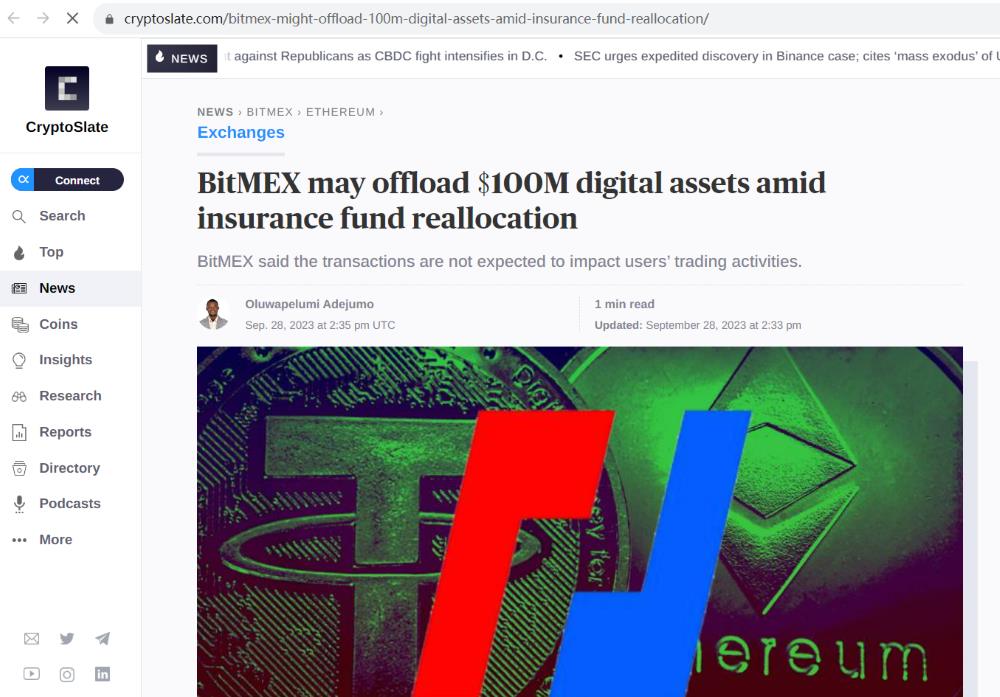 BitMEX可能在调整保险基金配置的情况下抛售1亿美元的数字资产