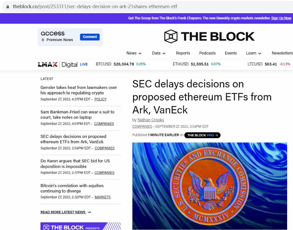 SEC将ARK 21Shares和VanEck以太坊ETF的决议日期推迟至12月