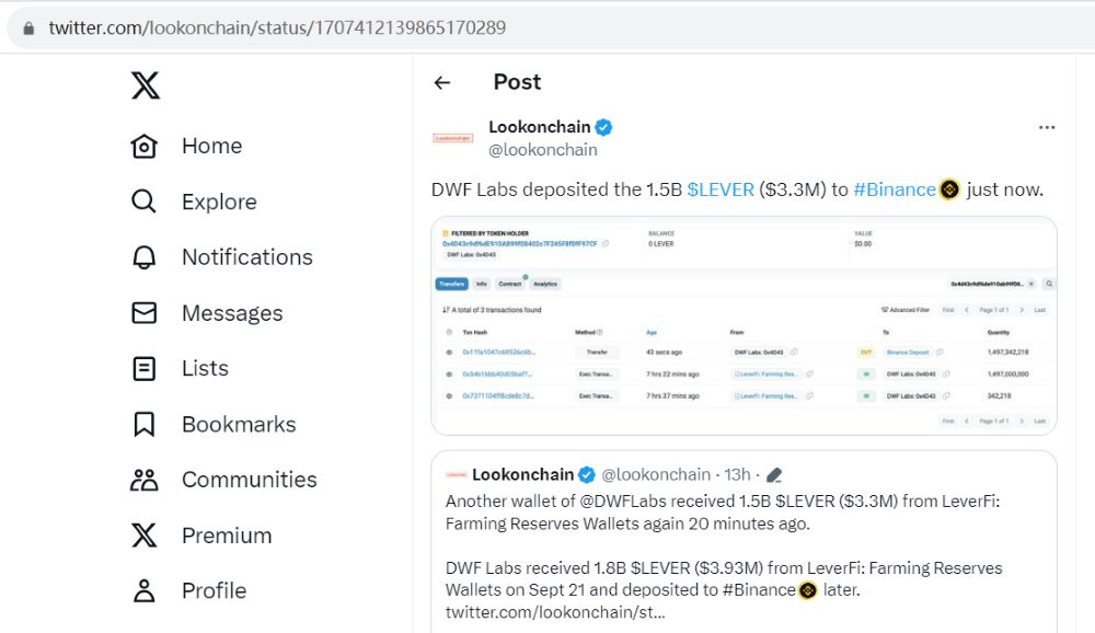 DWF Labs将15亿枚LEVER存入币安，约合330万美元