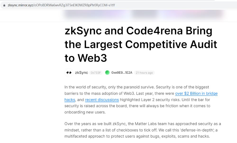 zkSync将Code4rena上举行总奖金110万美元的审计竞赛