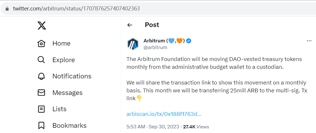 Arbitrum基金会：每月将转移DAO归属的金库代币