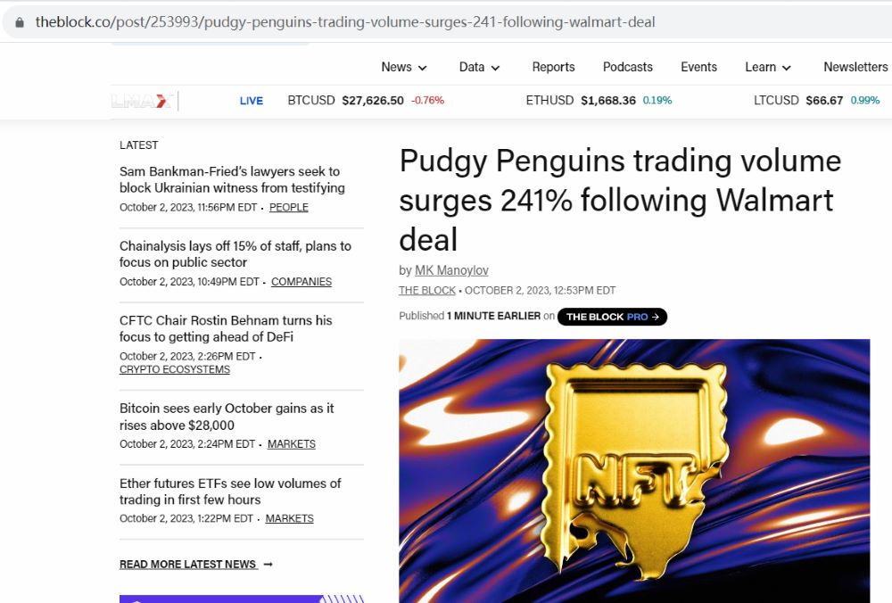 与沃尔玛达成合作后，Pudgy Penguins交易量激增241%