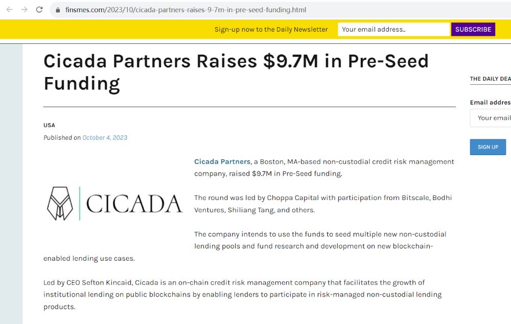 链上信用风险管理公司Cicada Partners完成970万美元pre-seed轮融资