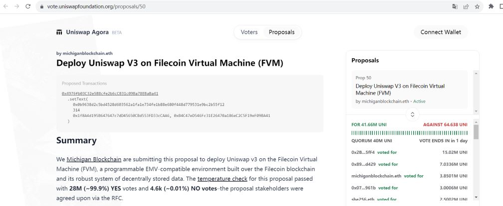 在Filecoin虚拟机上部署Uniswap v3的链上投票已获通过