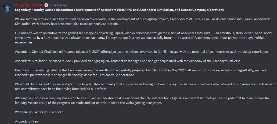 动作RPG链游Ascenders将停止游戏开发，公司将停止运营