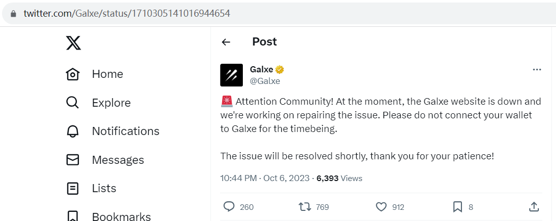 Galxe：网站已关闭，用户切勿连接钱包