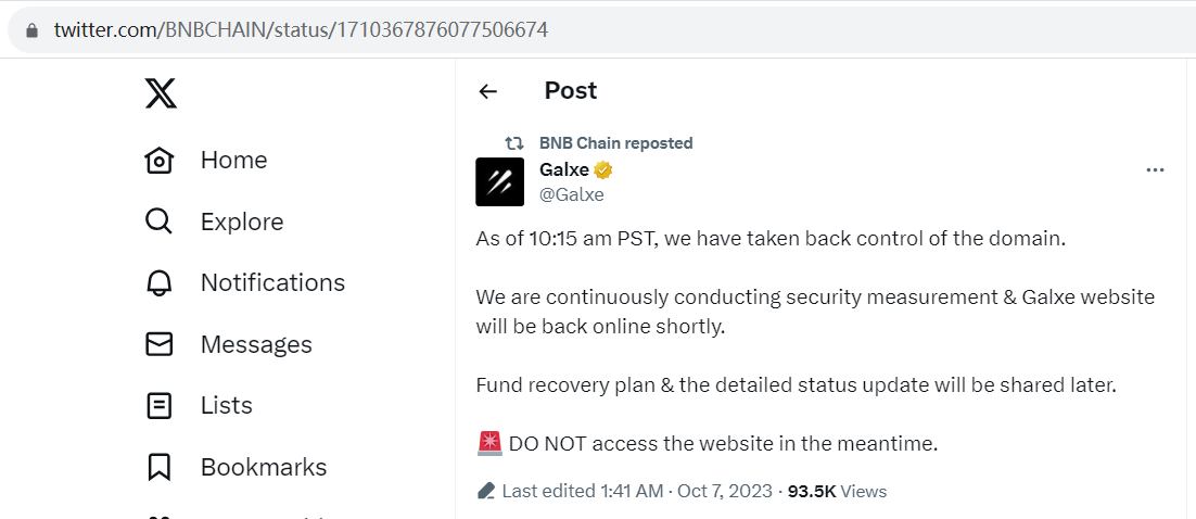 Galxe：目前正在持续进行安全测量，Galxe网站将很快恢复上线
