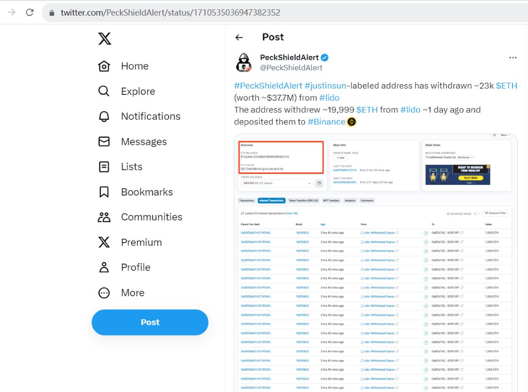 PeckShield：justinsun地址从lido提取约2.3万枚ETH，约3770万美元