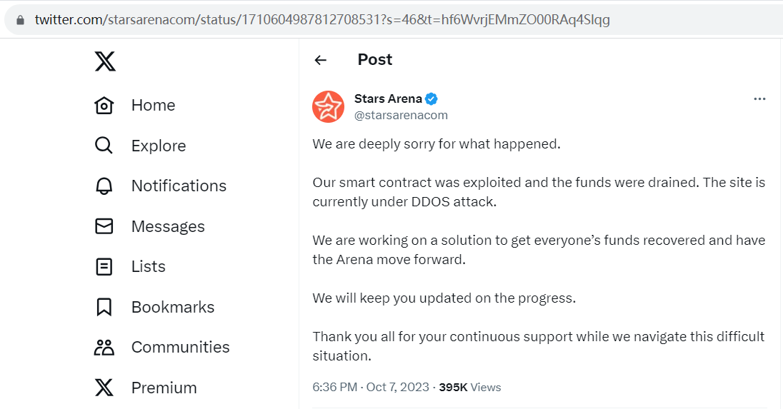 Stars Arena：网站正遭受DDOS攻击，正制定可让用户可收回资金的解决方案