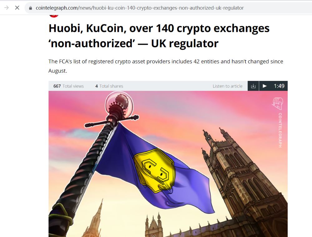 英国监管机构：Huobi、KuCoin等140多家加密货币交易所“未经授权”