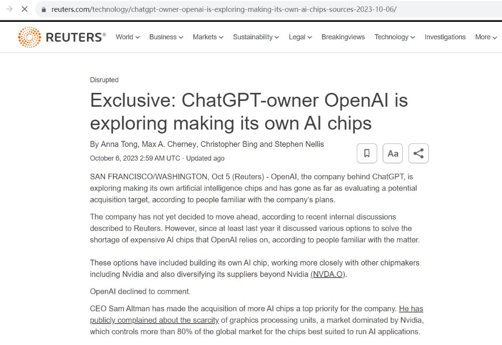 路透社：ChatGPT开发商OpenAI探索自研芯片，已开始评估收购选项
