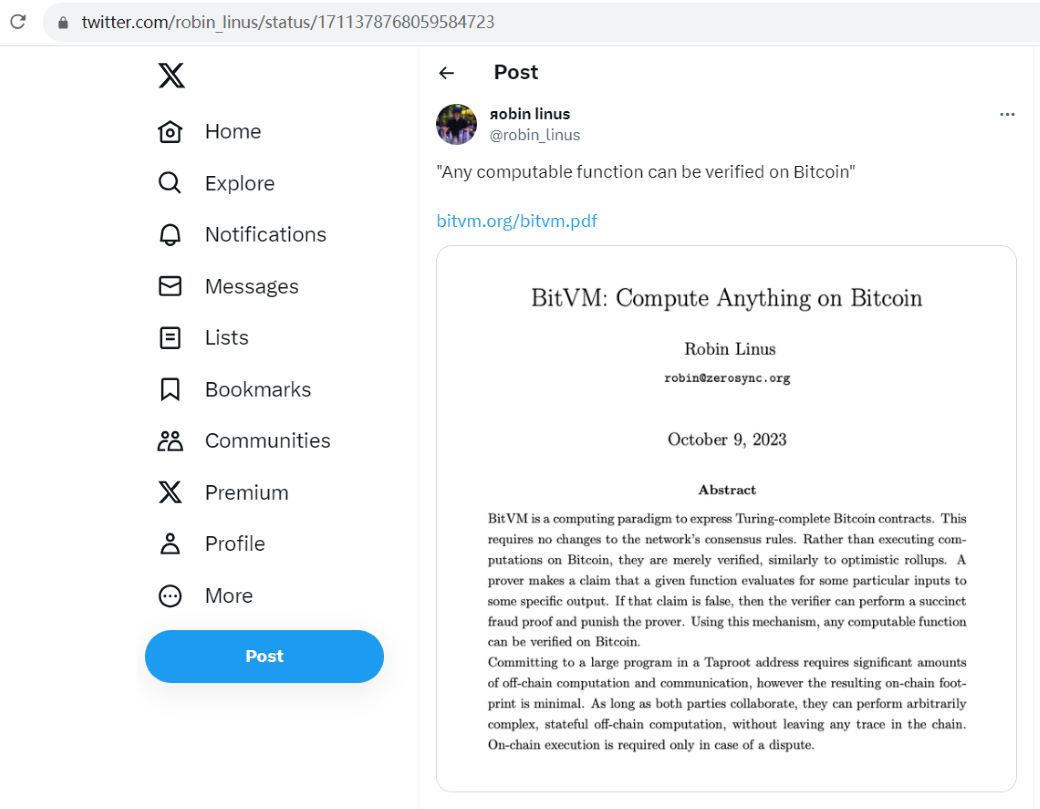 Robin Linus发布BitVM白皮书，旨在将类似以太坊的合约引入比特币