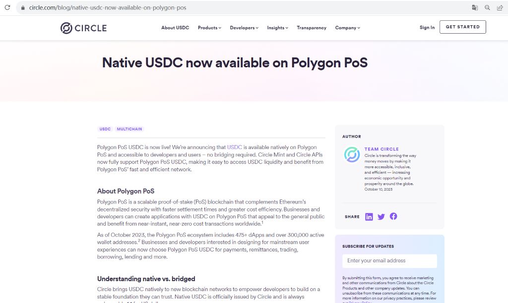 Circle在Polygon PoS主网上推出USDC
