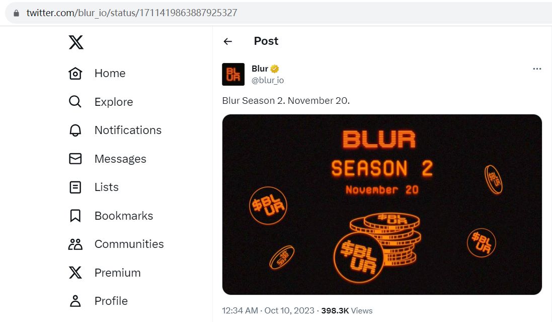 Blur或将于11月20日开启第2季空投