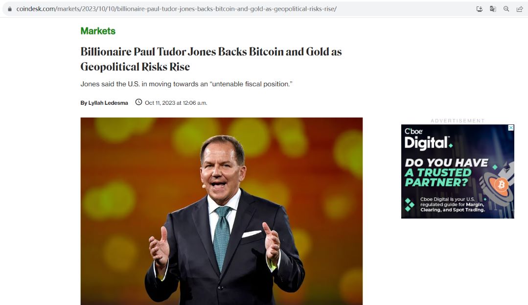 亿万富翁Paul Tudor Jones：比特币和黄金是有吸引力的选择