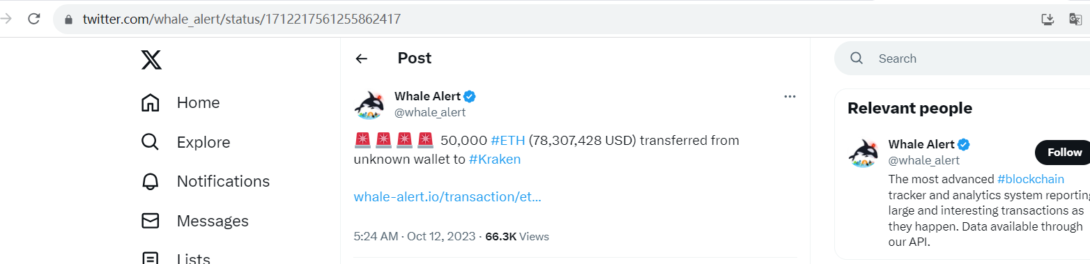 数据：5万枚ETH从未知钱包转入Kraken，超7800万美元