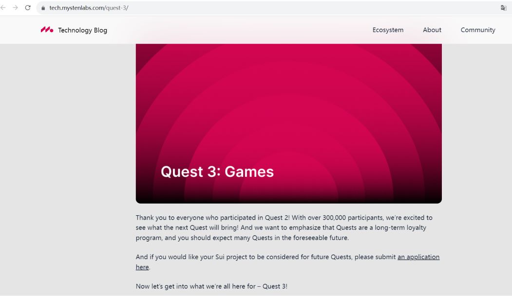Mysten Labs开启Bullshark Quests3，主要聚焦游戏，将分配500万SUI奖励