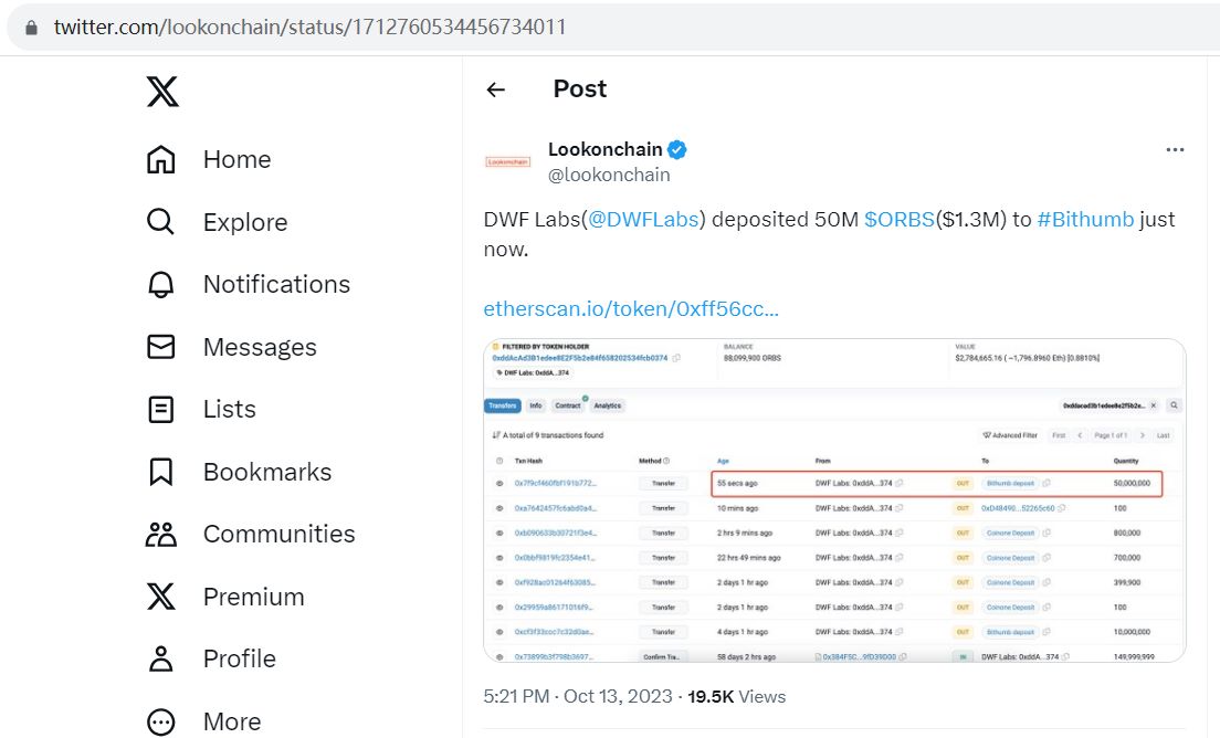 DWF Labs向Bithumb存入5000万枚ORBS，约合130万美元