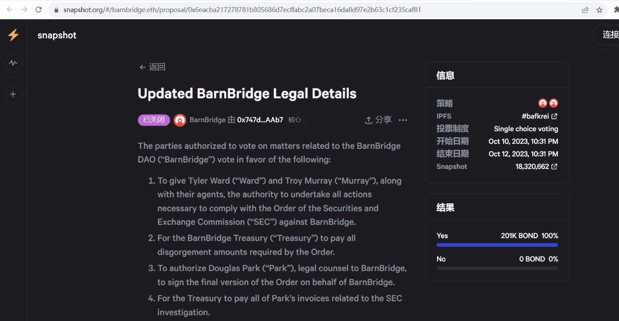 BarnBridge社区已投票同意授权其创始人采取一切行动遵守SEC命令