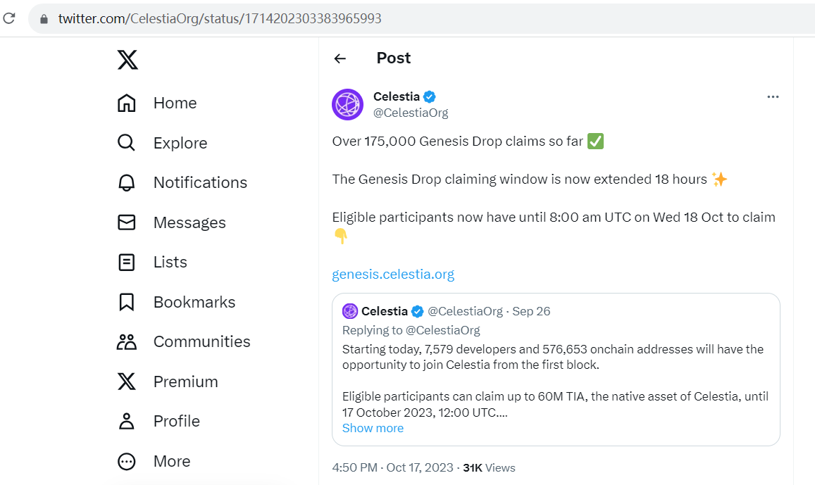 Celestia 将创世空投申领时间延长 18 个小时